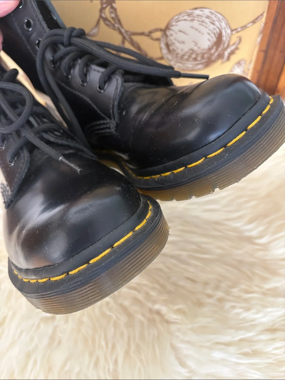 Dr. Martens Black Leather Lace-Up Boots with Yellow Stitching
